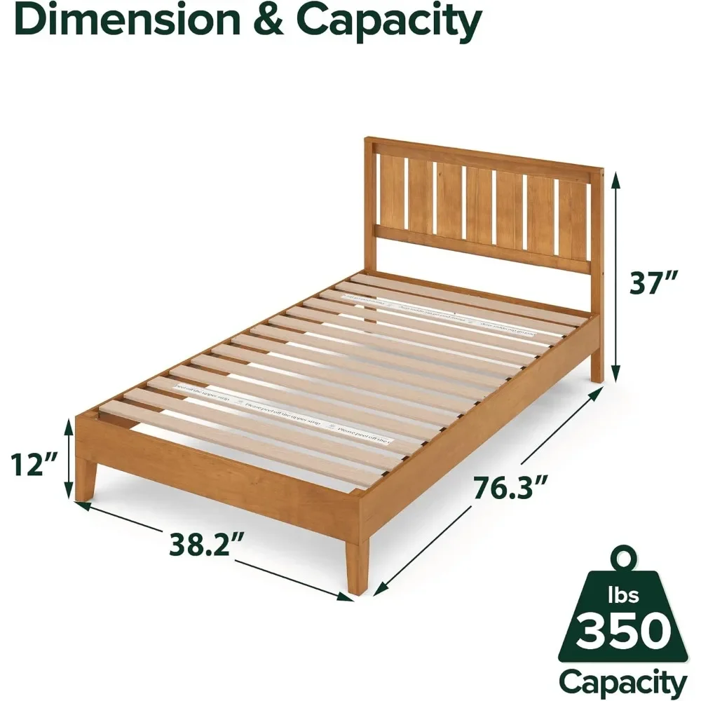 Deluxe Wood Platform Bed Frame with Headboard, Wood Slat Support, No Box Spring Needed, Easy Assembly, Rustic Pine, Twin