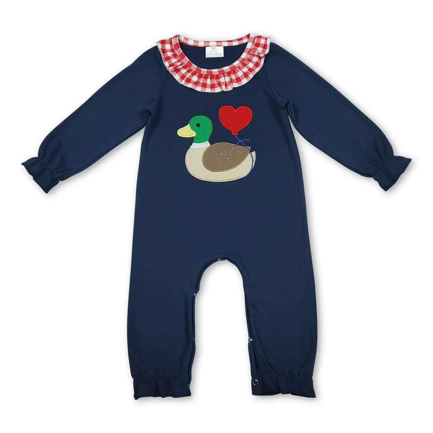 

Valentine's Day Baby Girl Romper with Embroidered Heart Ducks Long Sleeve Ruffle Footie Collar Design Blue Color for Infants