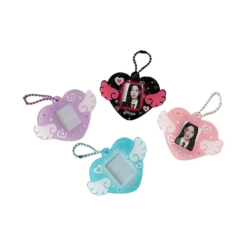 1 インチ Kpop Photocard キーホルダーホルダー甘い韓国のファッション羽ハート学生 Photocard プロテクターかわいいポータブルバッグペンダント
