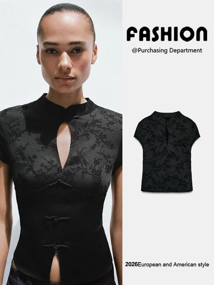 Women's Fashion Short Sleeve round Neck Embroidered Rope Knot Top New Arrival Autumn Season Versatile Clothing Traditional Ch...