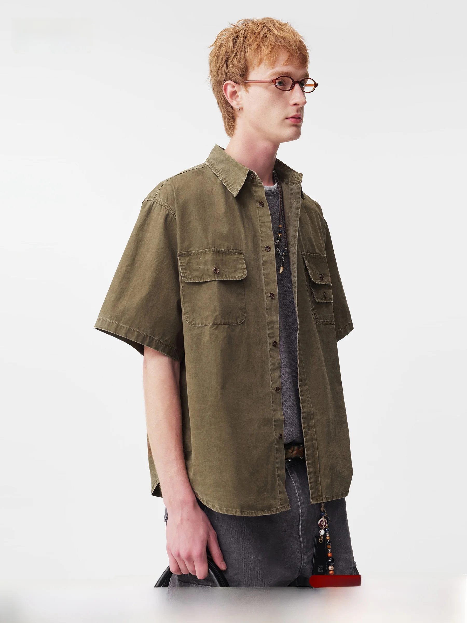 

DPX Pure Cotton Workwear Short Sleeve Shirt Men Summer American Retro Loose Casual Turn-down Collar Half Sleeve Trendy Shirt