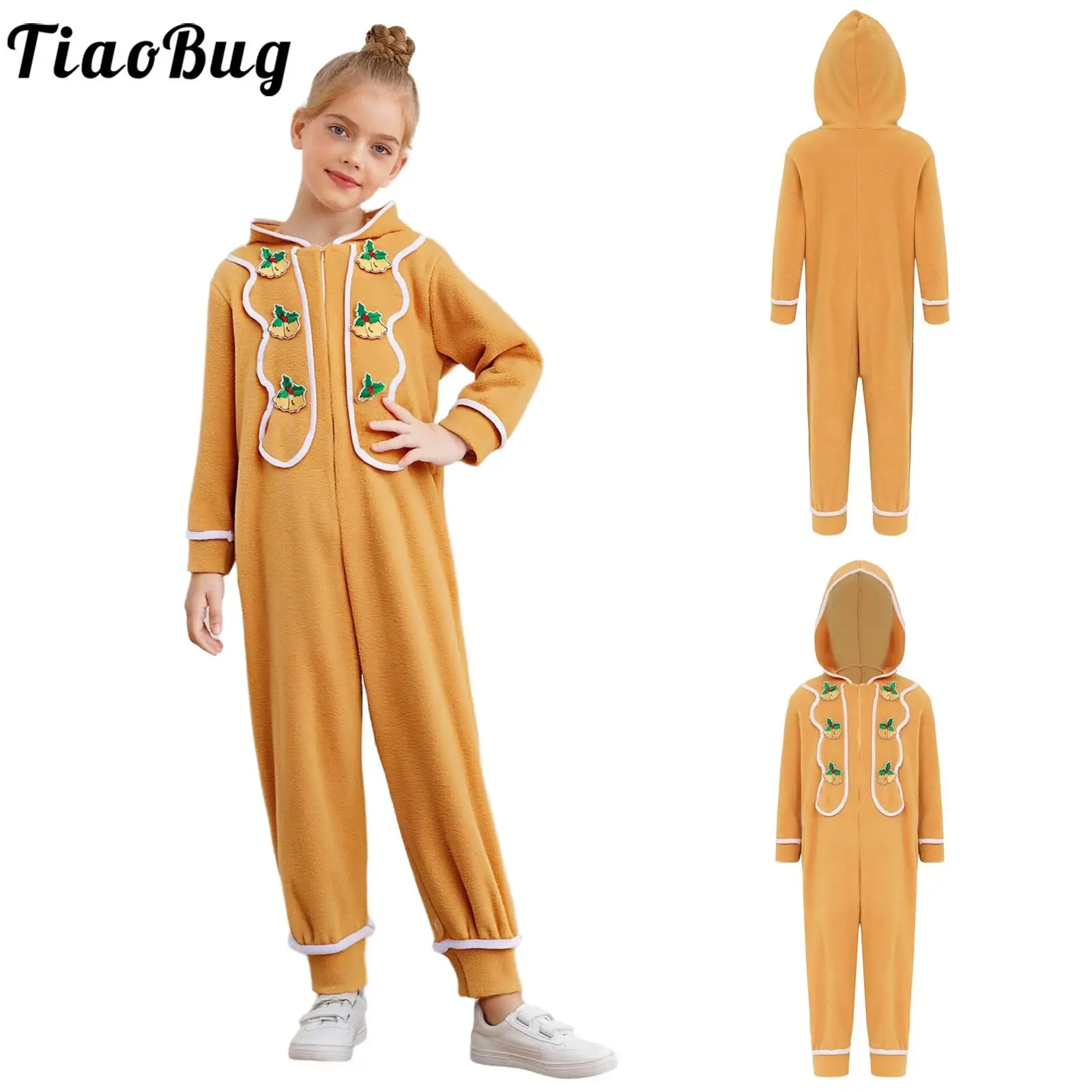 Kids Christmas Gingerbread Man Costume Long Sleeve Cute Embroidered Hoodie Jumpsuit Carnival Party Cookie Elf Bodysuit Homewear