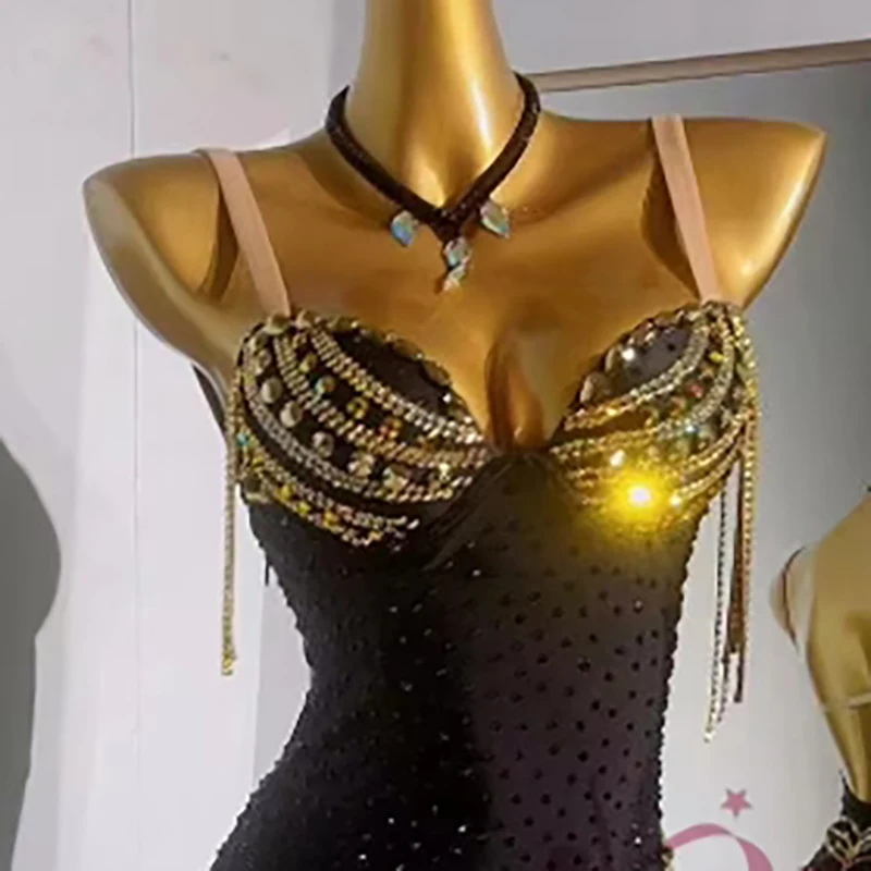 Latin Dance Dress High-end Custom Super Flash Sling Slim-fit Dress Cha Cha Tango Female Adult Stage Professional Clothing
