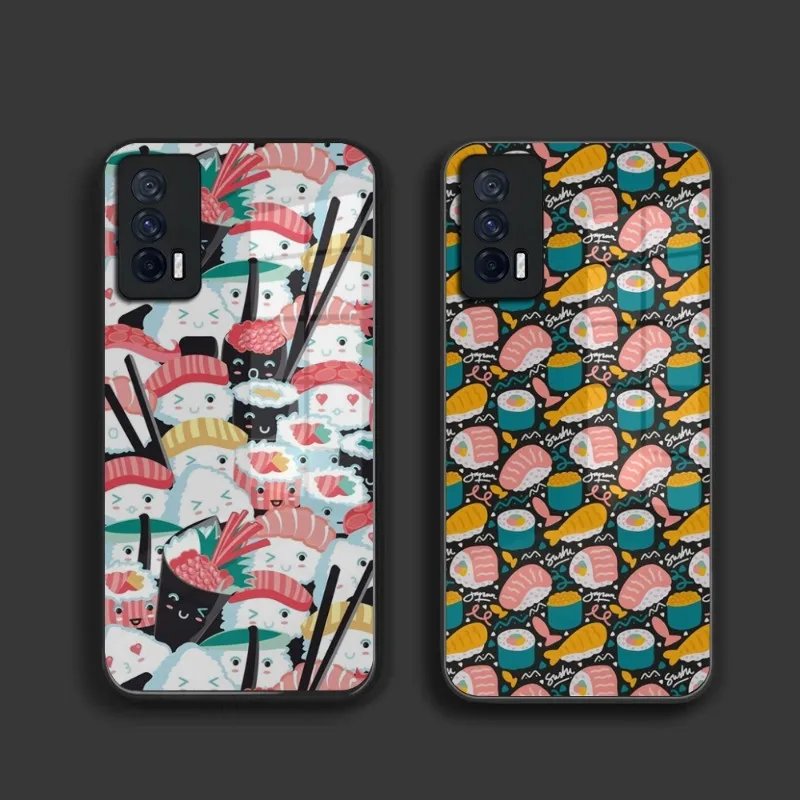 Kawaii Sushi Crowd Phone Case For Vivo LQOO Z3 9 U5 7 8 Pro Y55s Y30 S9 S10 X70 Y31s Y73 X60 S12 Back Tempered Glass Cover