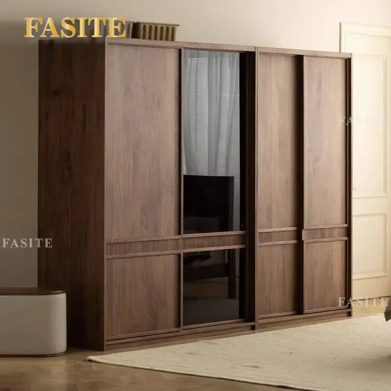 for North American Black Walnut Solid Wood Wardrobe Simple Household Bedroom Glass Door Sliding Door Combination Cabinet