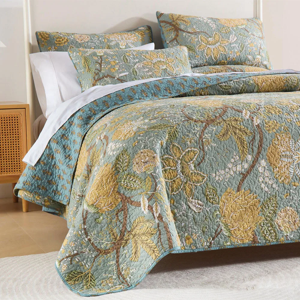 

Country Style Reversible 100% Cotton Quilt Set, 3PCS All-Season Bedding Set, Double-Sided Print Comforter with Pillowcase
