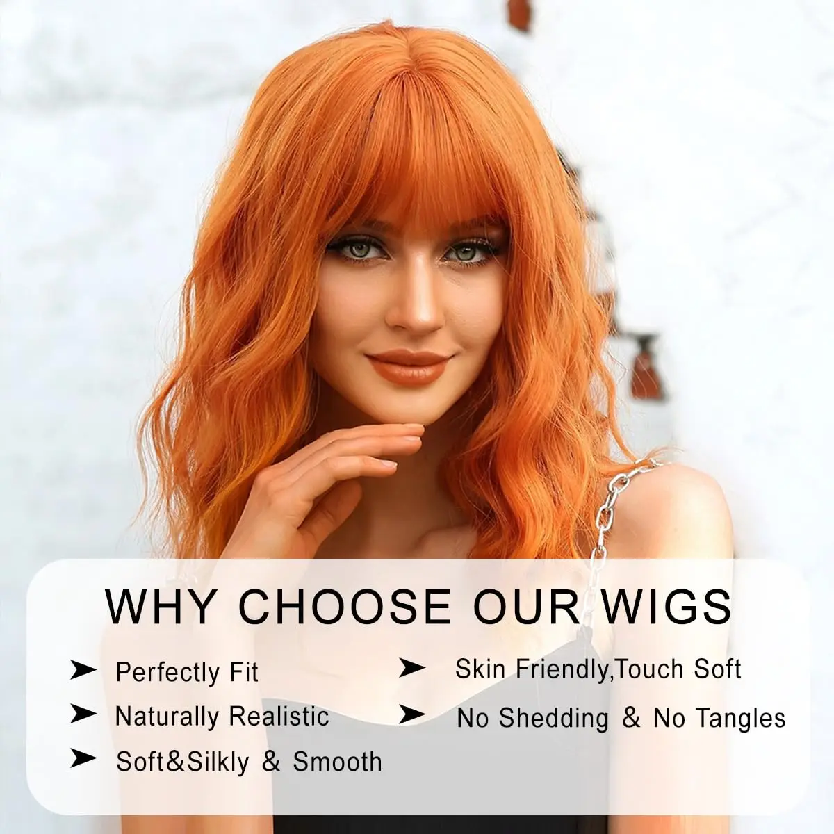 Short Ginger Orange Wig - Wavy Bob with Bangs, Curly Wig for Women - Natural Looking Synthetic Heat Resistant Fiber - Daily Part