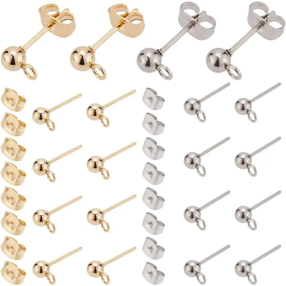 20 Pairs 304 Stainless Steel Earring Studs Ear Pin Ball Post with Butterfly Earring Backs for Earring Making Findings