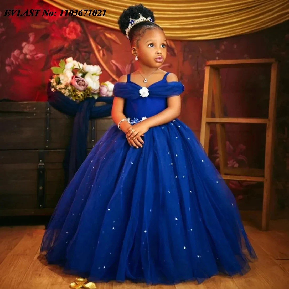 

EVLAST Customized Royal Blue Flower Girl Dress Wedding Beaded Crystals Tulle Toddler Girls Pageant Gowns Kids Formal Wear FD06