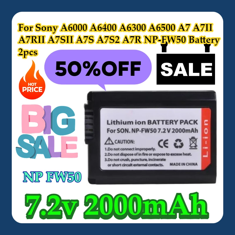 

For Sony A6000 A6400 A6300 A6500 A7 A7II A7RII A7SII A7S A7S2 A7R 2000mAh NP-FW50 NP FW50 Battery 2pcs