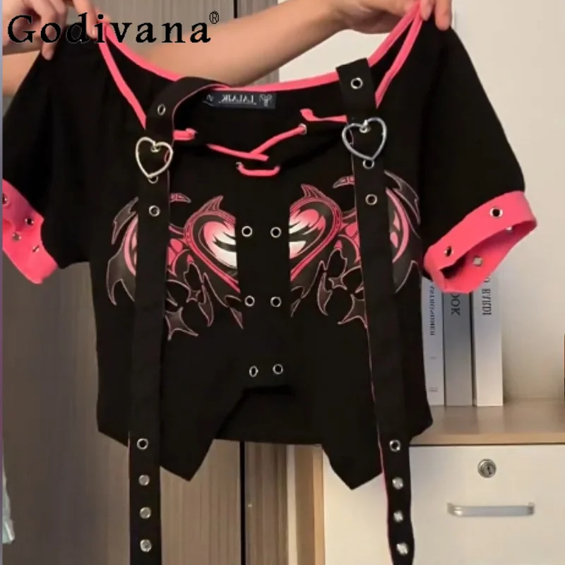 Black Pink Heart Print Straps Short Sleeve Summer New Gothic T-Shirt Fashion High Waist A-line Plaid Mini Skirt Punk Streetwear