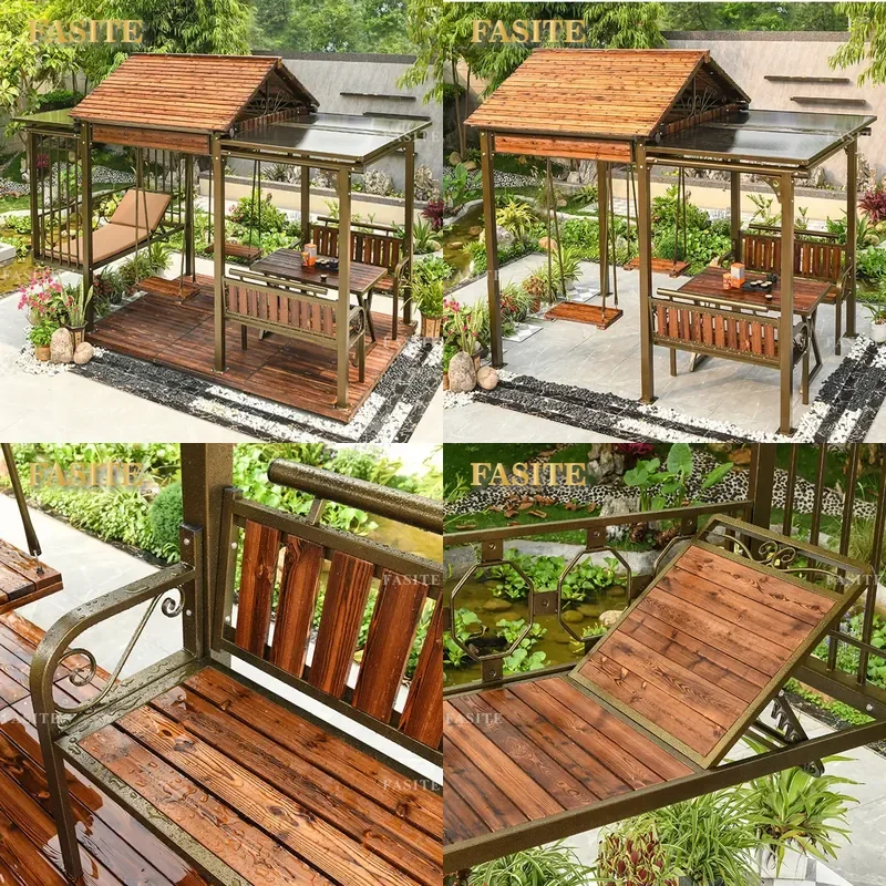 For Outdoor Gazebo Leisure Swing Lying Bed Solid Wood Carbonized Pavilion Villa Courtyard Garden Terrace Shade Furniture