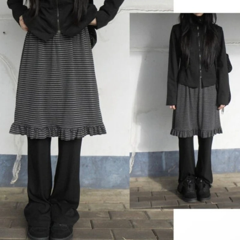Deeptown Y2k Black Vintage Striped Women Fake Two-piece Skirt Pants Sweet Ruffles High Waist Korean Fashion Trousers Slim Casual