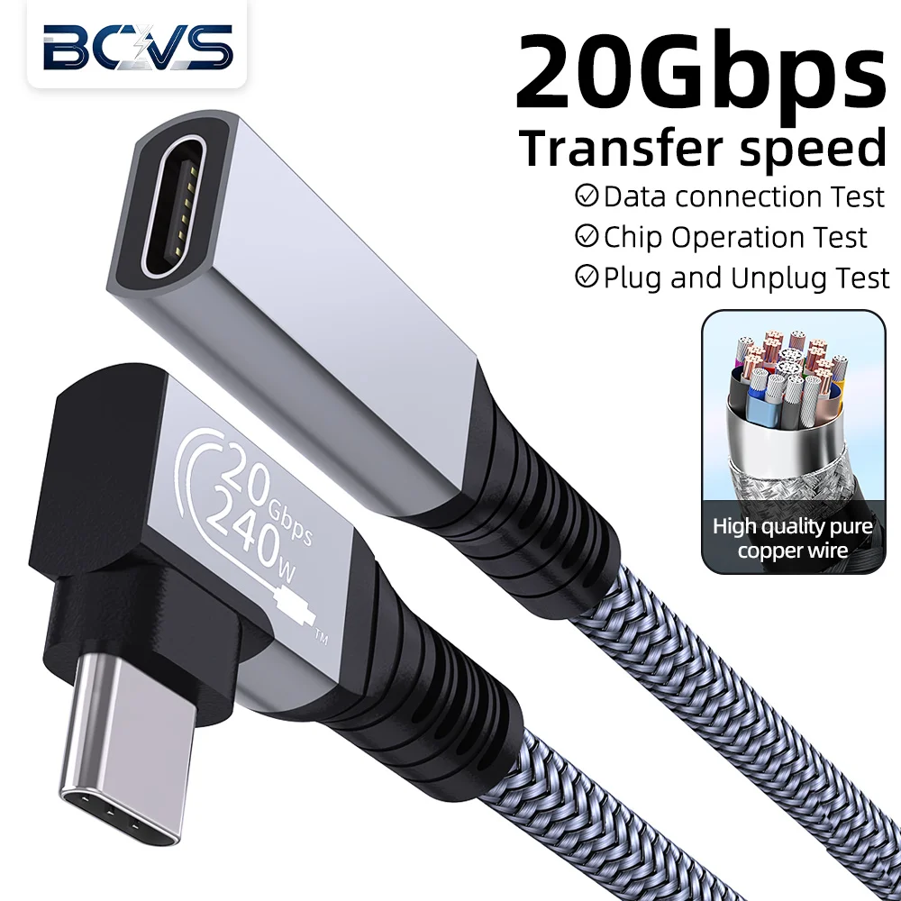 Image of BCVS 90 ° USB3.2 USB-C Verlängerungskabel (Stecker auf Buchse) 240W 20Gbps Schnellladung für iPhone 15 Pro Max MacBook Thunderbolt
