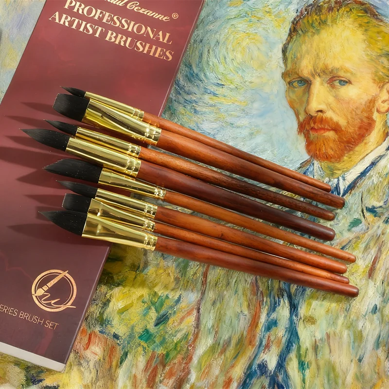 10-piece Walnut Wood Copper Tube Paint Brush Set with Synthetic Squirrel Hair Mixed Heads, Specialized Art Brushes