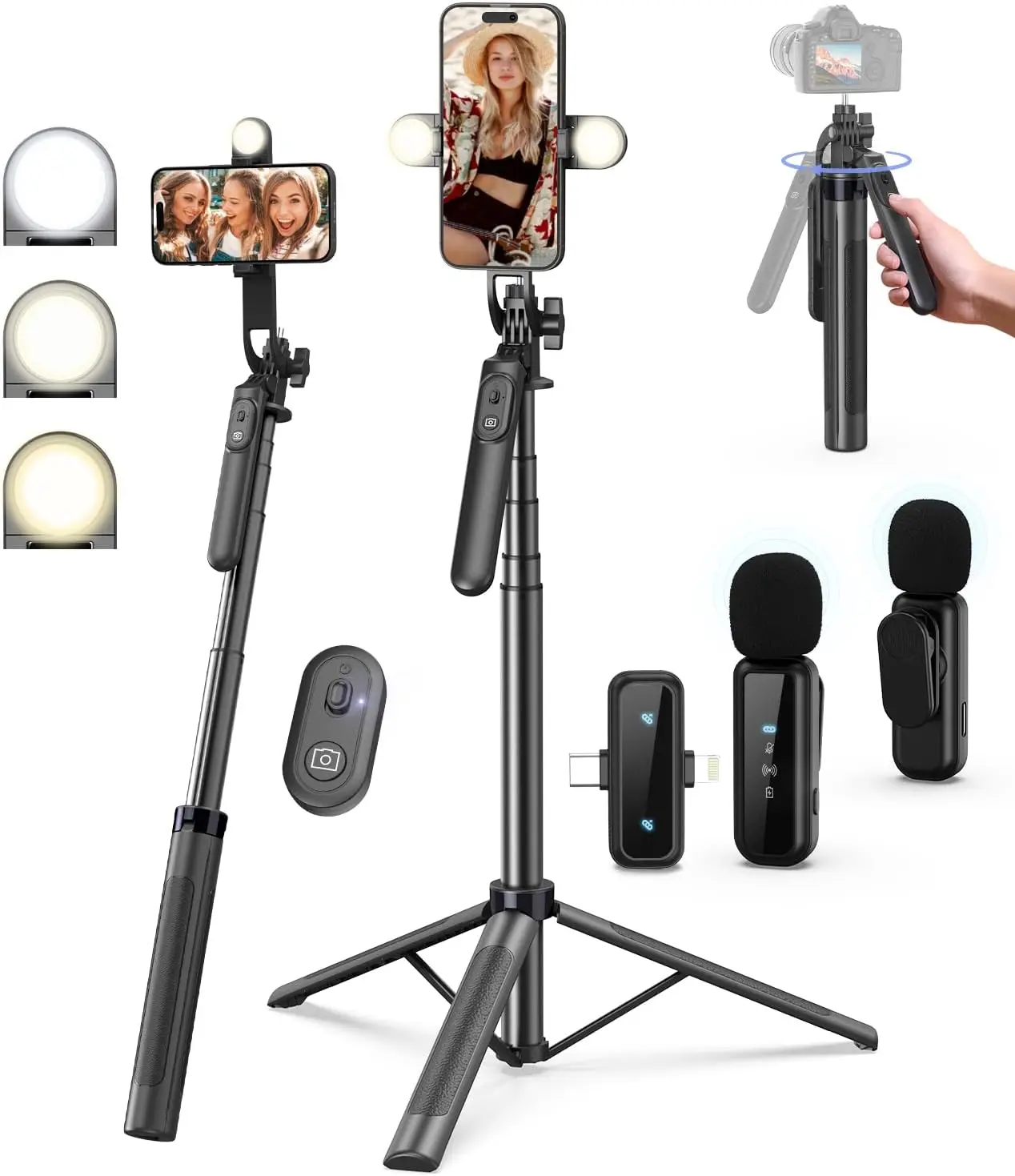 

Kit for iPhone/Android, 71" Selfie Stick Tripod for iPhone with Light, Wireless Remote & Microphone, Adjustable Phone Tr