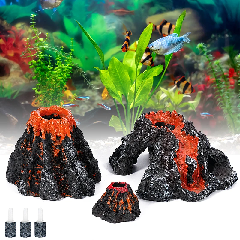 Aquarium Volcano Bubble Stone Fish Tank Decoration Volcano Landscape Rockery Can Install Oxygen Pump Home Crafts Ornament