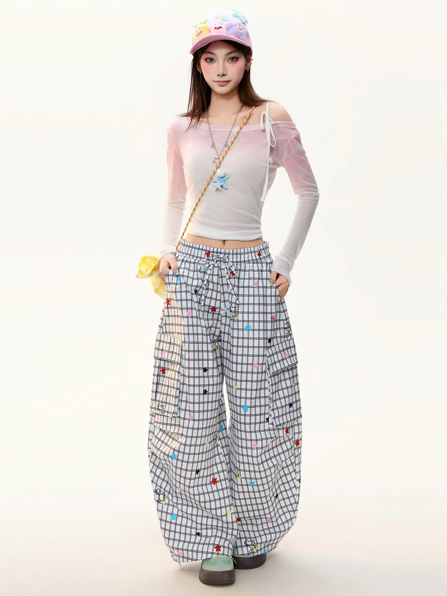 American Retro Plaid Multi-Pocket Women's Casual Pants Spring High-Waisted Colorful Star Versatile Floor-Length Trousers Ladies