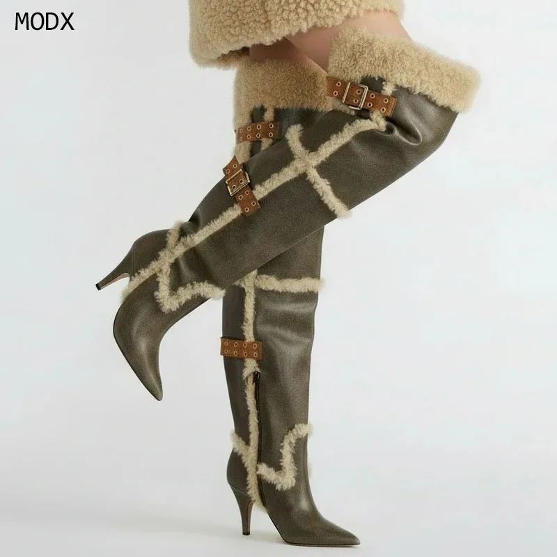 2026 Green Pointed Toe Leather Over-the-Knee Boots Wool Trim Slim Stiletto Heel Brown Buckle Accents Winter Warm Boots 44