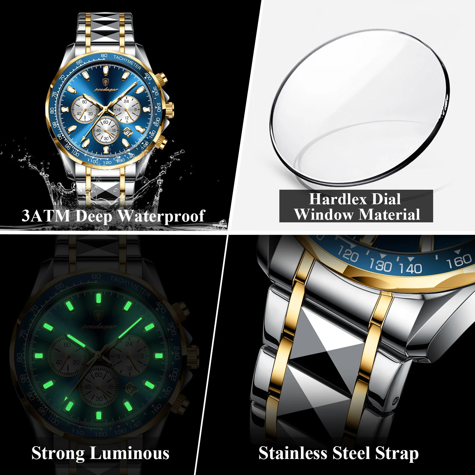 POEDAGAR Orologi da uomo di lusso Orologio cronografo con data luminosa impermeabile per uomo Orologio sportivo da uomo al quarzo moda in acciaio inossidabile