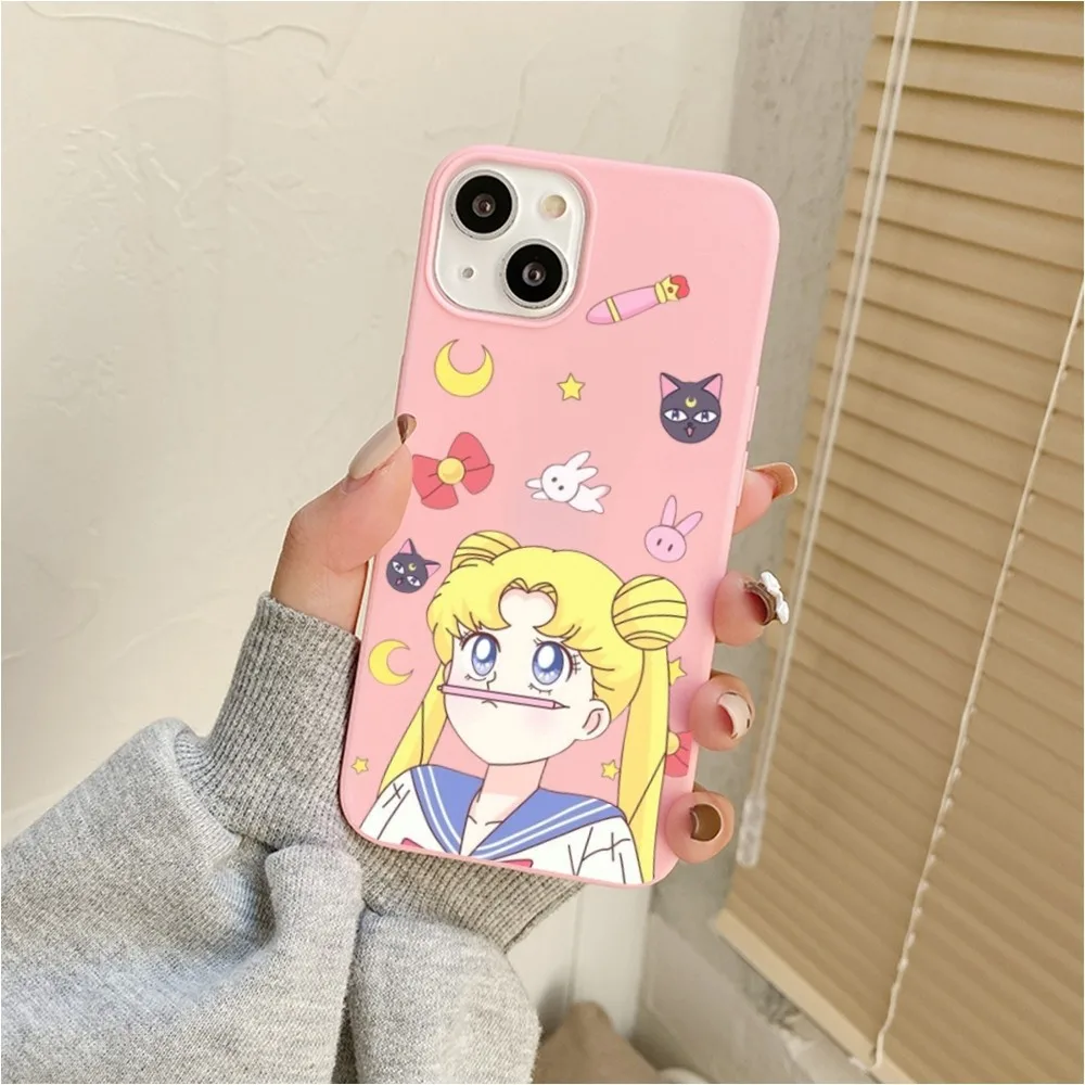 S-SailoR Cartoon Moon Phone Case For Iphone 11 13 14 Pro Max X Xr Xs Max Se2020 12mini Pink Cover Case