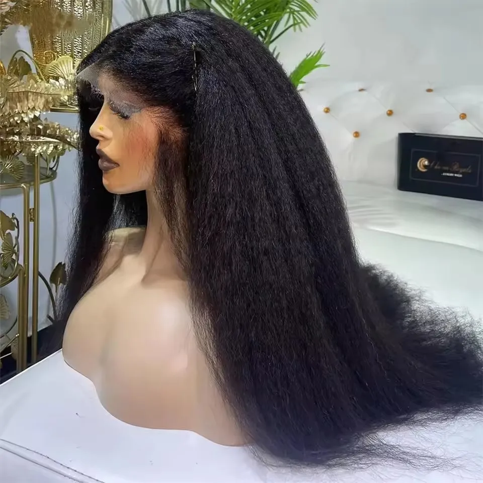 

QW Synthetic Hair Black Yaki Straight Kinky Soft 13X4 Lace Front Wig For Women Glueless Heat Resistant Fiber Cosplay Daily Wear