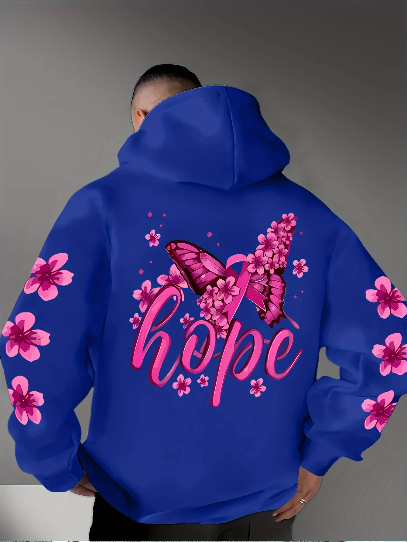 Herren Sport Hip-Hop Hoodie Rosa Blumen Schmetterling Hoffnung Buchstaben Grafik Rückendruck Streetwear Fleece Pullover Sweatshirt – Detail 8