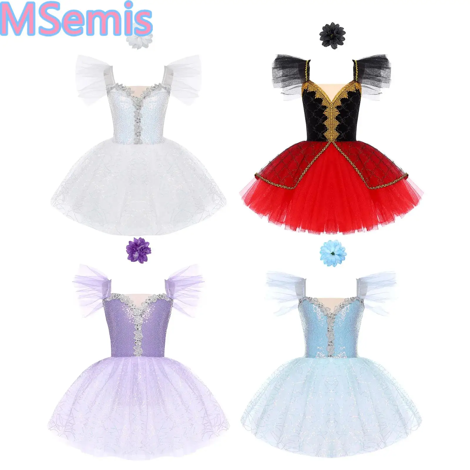 Baby Girls Party Tutu Tulle Dress Square Collar Ruffled Sleeve Sparkly Sequins High Waist Full Length Dress for Performance