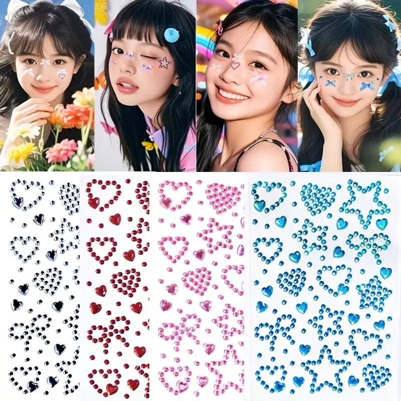 1/4 Sheets Sparkling Star Heart Rhinestone Stickers 3D Glitter Bow Design Rhinestone Face Stickers for Makeup Nails Eye Body