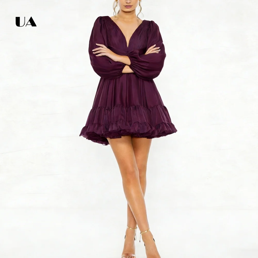 ULBYANRY Mini robe ajustée et évasée en mousseline de soie avec manches bouffantes col en v robe de soirée plissée découpée à lacets robe de soirée personnalisée