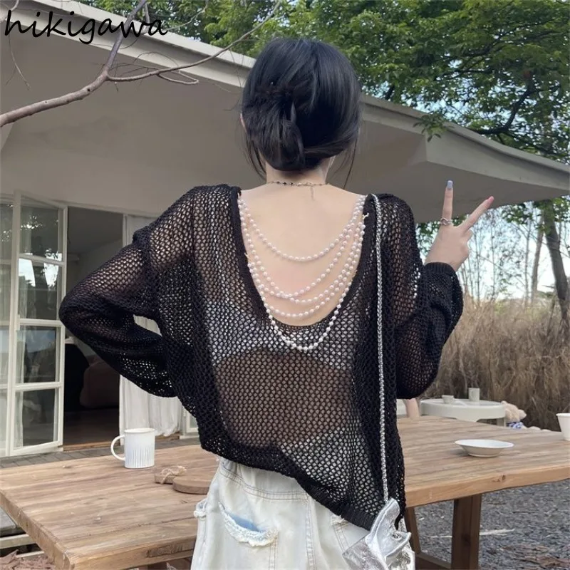 Knitting Thin Pullovers Women Clothing Long Sleeve Slash Neck Jumper Beading Backless See Through Y2k Sweater Tops Sueter Mujer