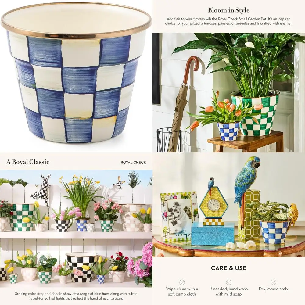 

Decorative Outdoor Flower Pot, Small Size, Blue and White Royal Check Pattern, Garden Plant Pot Decor