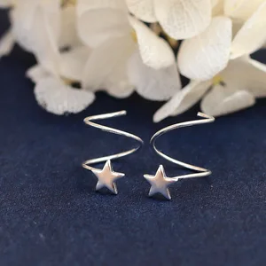 Sam Panda 925 Sterling Silver Pentagram Star Ear Bone Ear Buckle Rotating Wave Mini Stud Earrings for Women Personality Jewelrry