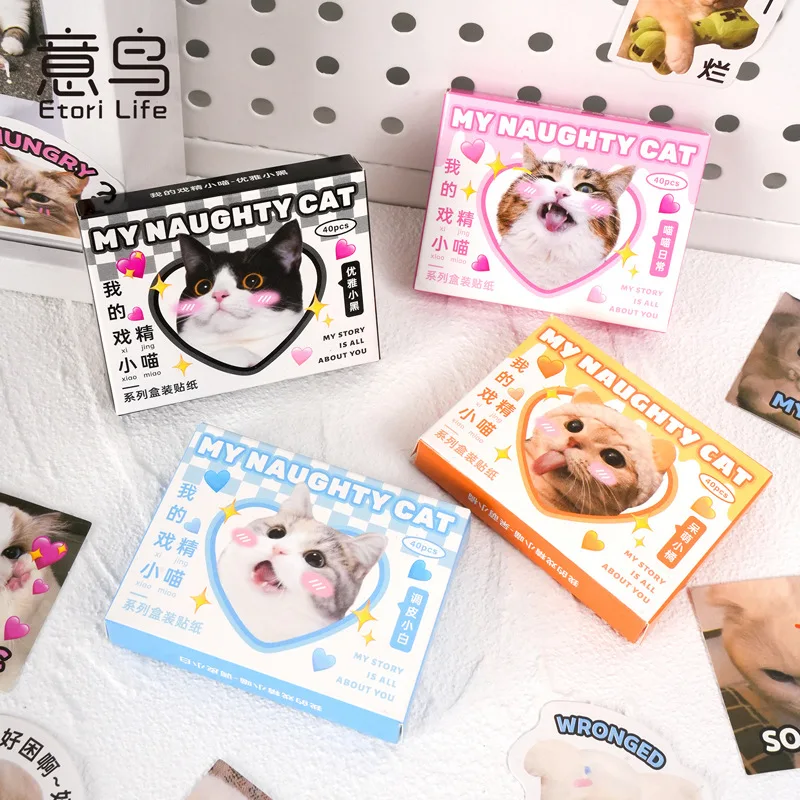 Etori Life Kawaii Cat Mini Boxed Stickers,40pcs/pack DIY Decoration Stationery Notebook Diary Journal Cartoon Kitten Stickers