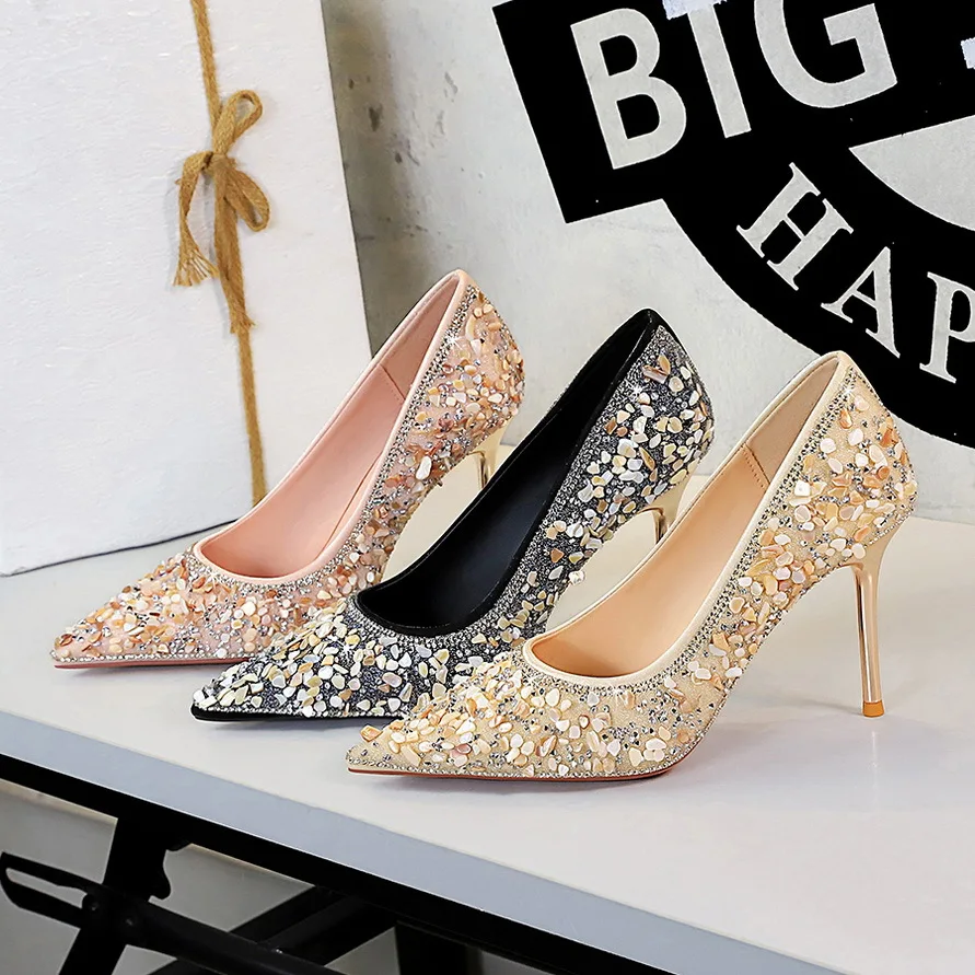 BIGTREE Fashion Sequined Crystal Decoration Pointed Toe Woman Pumps Thin Heels Wedding Party Ladies Shoes Zapatillas De Mujer view 4