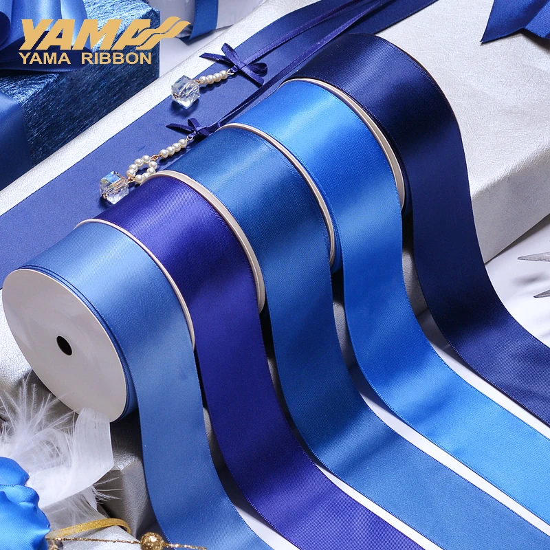 YAMA 50 57 63 75 89 100 mm 100yards/lot Blue Ribbons for Party Wedding Decoration Handmade Rose Flowers Double Face Satin Ribbon