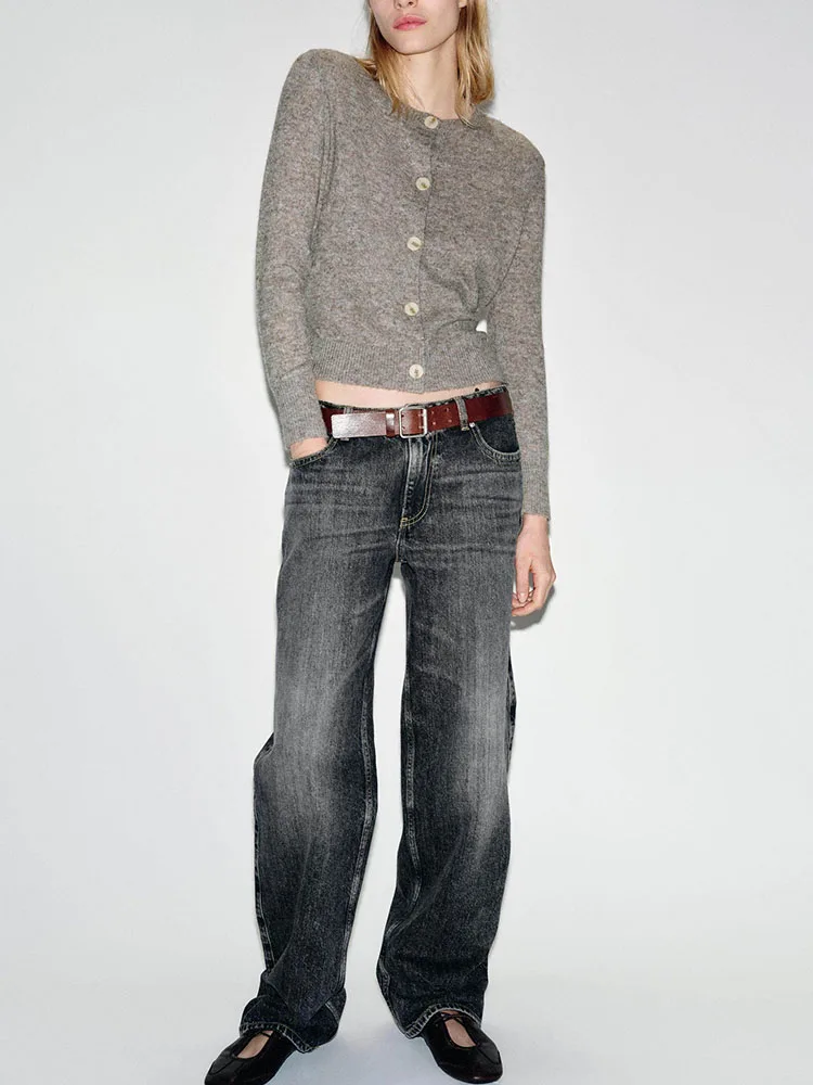 

Spring 2026 Women's Retro Versatile Long Sve round Ne Spliced Knitted Jaet Regular Fit Open Cardigan Knitwear