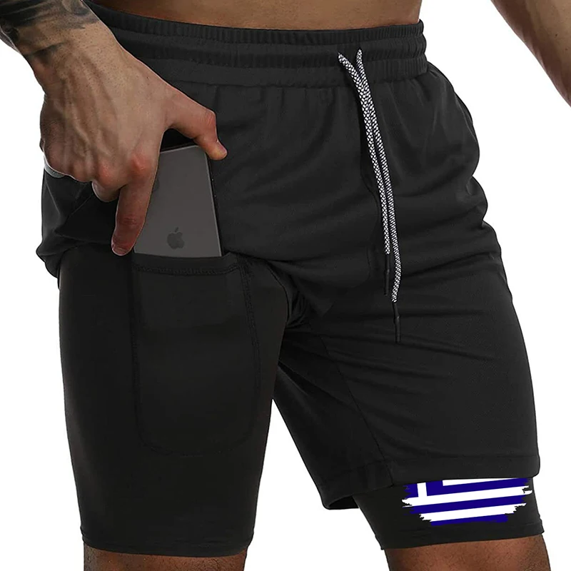 Shorts de desempenho 2 em 1 com estampa de bandeira para homens, academia, treino atlético, shorts de secagem rápida com bolso para telefone, shorts patrióticos