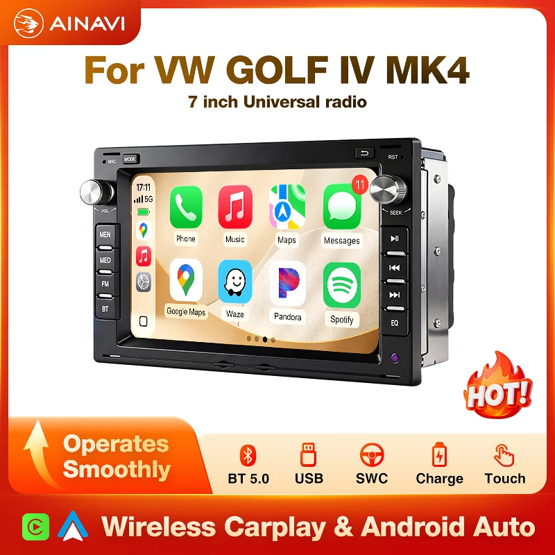 AINAVI Wireless CarPlay Android Auto 2 Din Für Volkswagen VW Golf 4 MK4 MK5 Passat B5 Polo Bora Jetta T5 Transporter Multimedia-Videoplayer Autoradio BT FM RDS DSP SWC AHD-Kamera 7 Zoll
