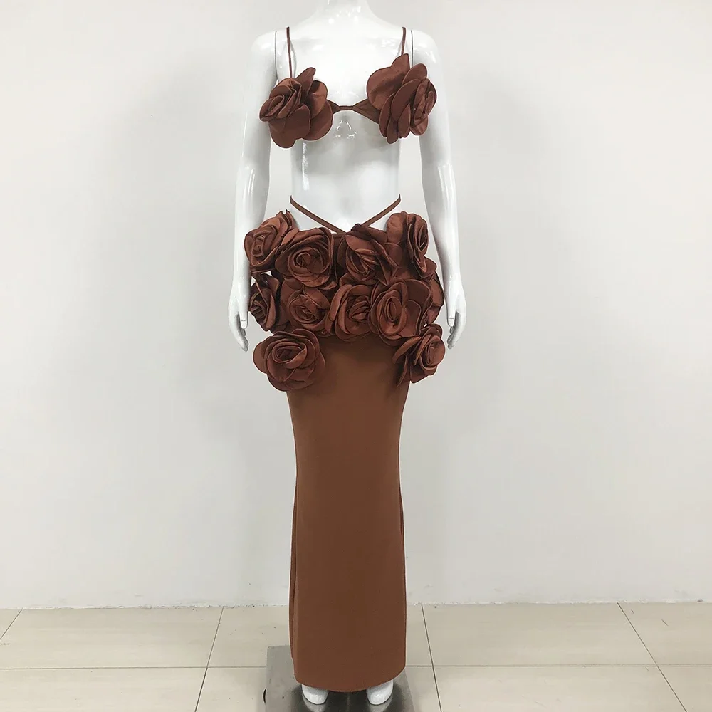 Brązowe Kolorowe Damskie Seksowne Top z Ramiączkami w Kwiaty i Bandażem, 2-częściowa Sukienka Bodycon Długa na Imprezę do Klubu Nocnego, na Imprezę, na Sesję Zdjęciową