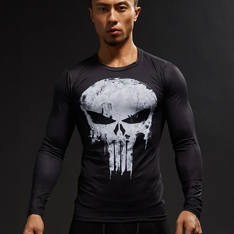 Superhero Punisher Long Sleeve Sport T Shirt Workout 3D Compression Quick Dry Training Men's Running Gym Fitness Top Rashgard
