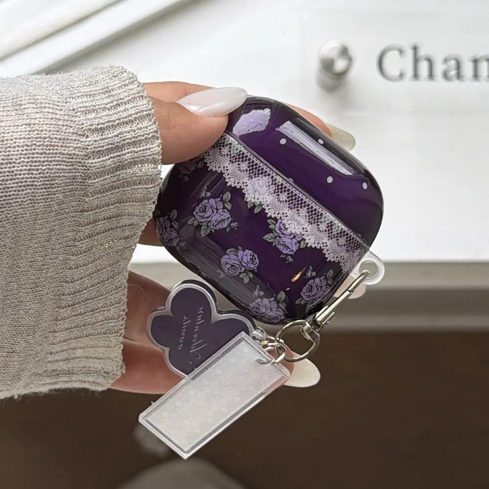 purple lace flower gloss soft protection cover case for apple airpods 1 2 3 4 pro2 pro3 bluetooth earphone charging box cover - view 2