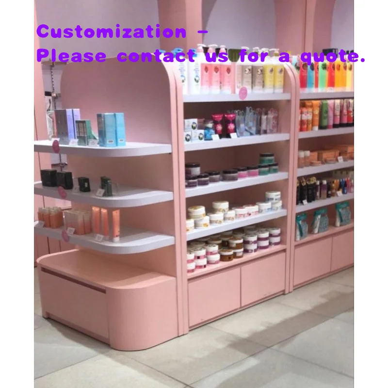 custom.Modern Trendy Custom Wooden Cosmetic Store Furniture Bespoke Pink Perfume Display Stand Makeup Shop Storage Shelf