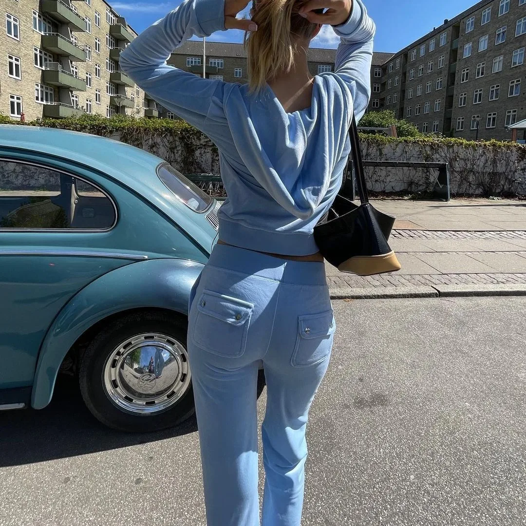 Thin Velvet 2024 Autumn Juicy Tracksuit 2 Pieces Set Hoodie Suit Women Velour Sweatshirt and Pants