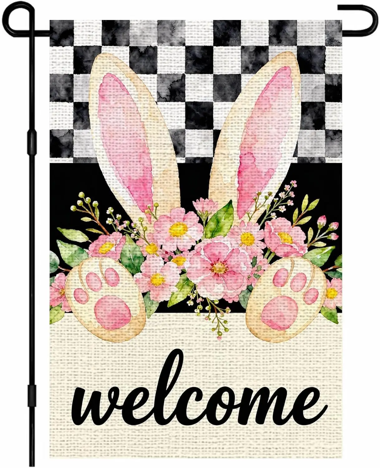 IVN Easter Bunny Garden Flag 12x18 Linen Welcome Bunny Ears Paw Prints Pink Flowers Buffalo Plaid Farmhouse Watercolor Doubl PPM