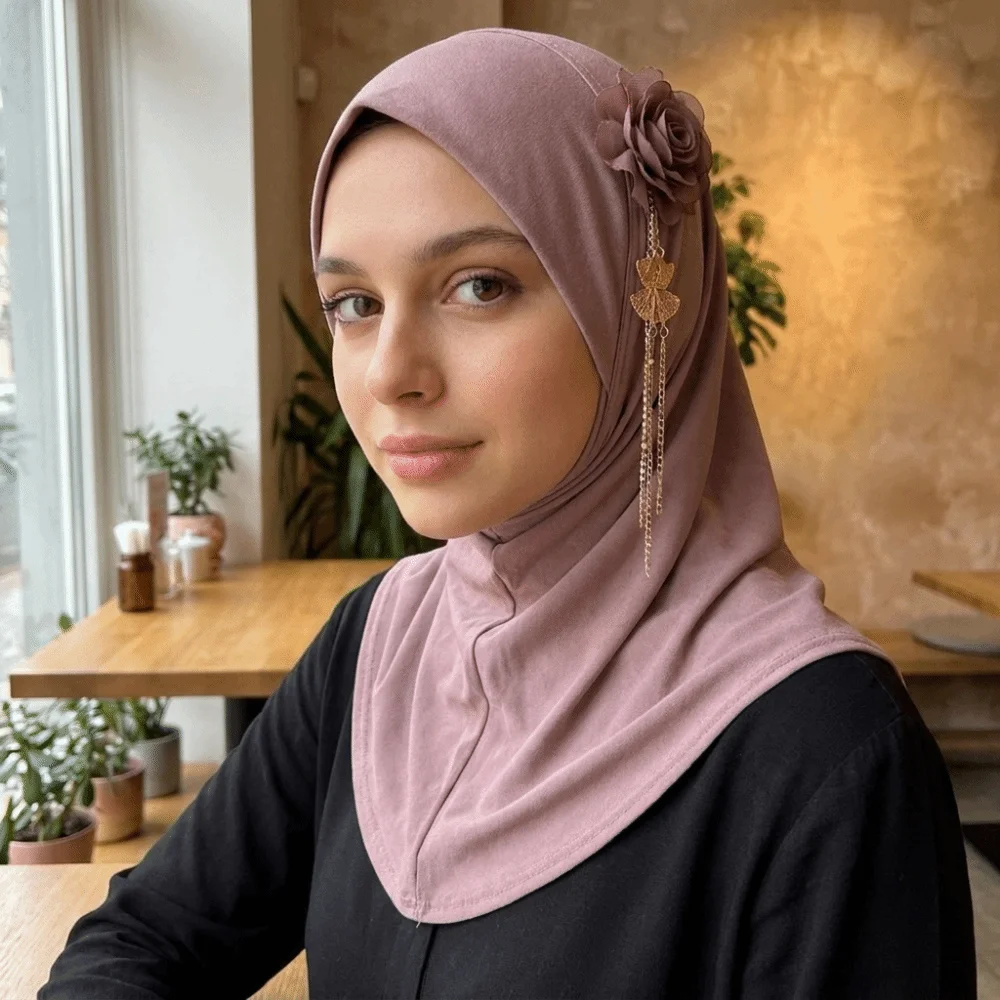 Exquisite Round Edge 3D Flower Tassel Hijab Stretch High-Elasticity Head Wrap Solid Color Lightweight Head Scarf Daily Prayer