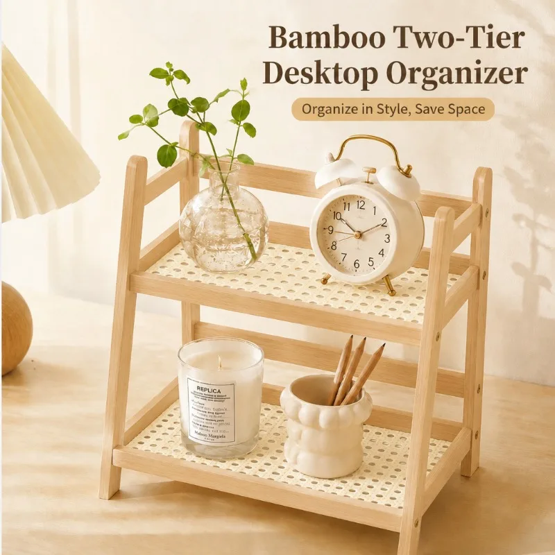 2-Tier Bamboo Countertop Organizer Rattan Coffee Cup Holder Desktop Storage Shelf for Kitchen Bathroom Vanity Dressing Table ﻿