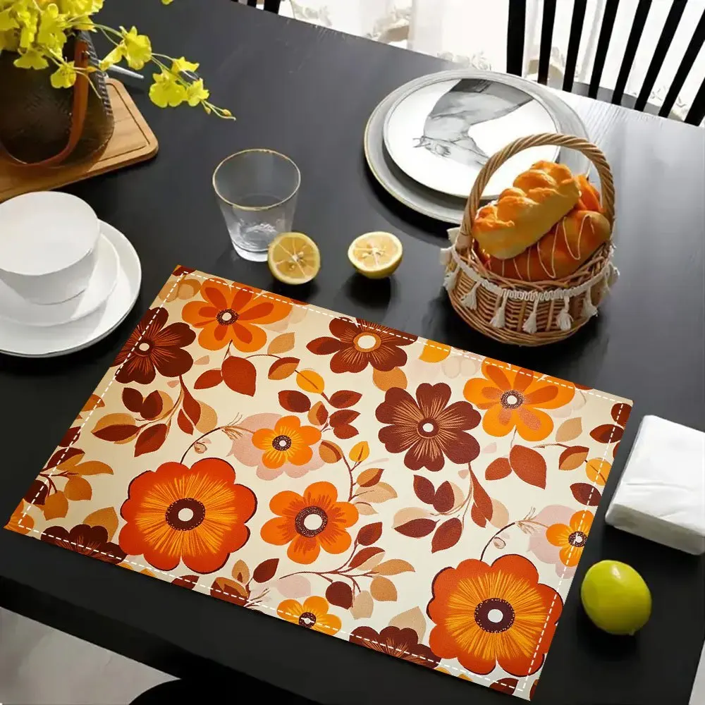 4Pcs Retro 70S Nostalgic Style Placemats, Brown and Orange Floral Fashion Print Decorative Placemats, Perfect for Farmhouse Kitchens, Party Celebrations, and Picnics