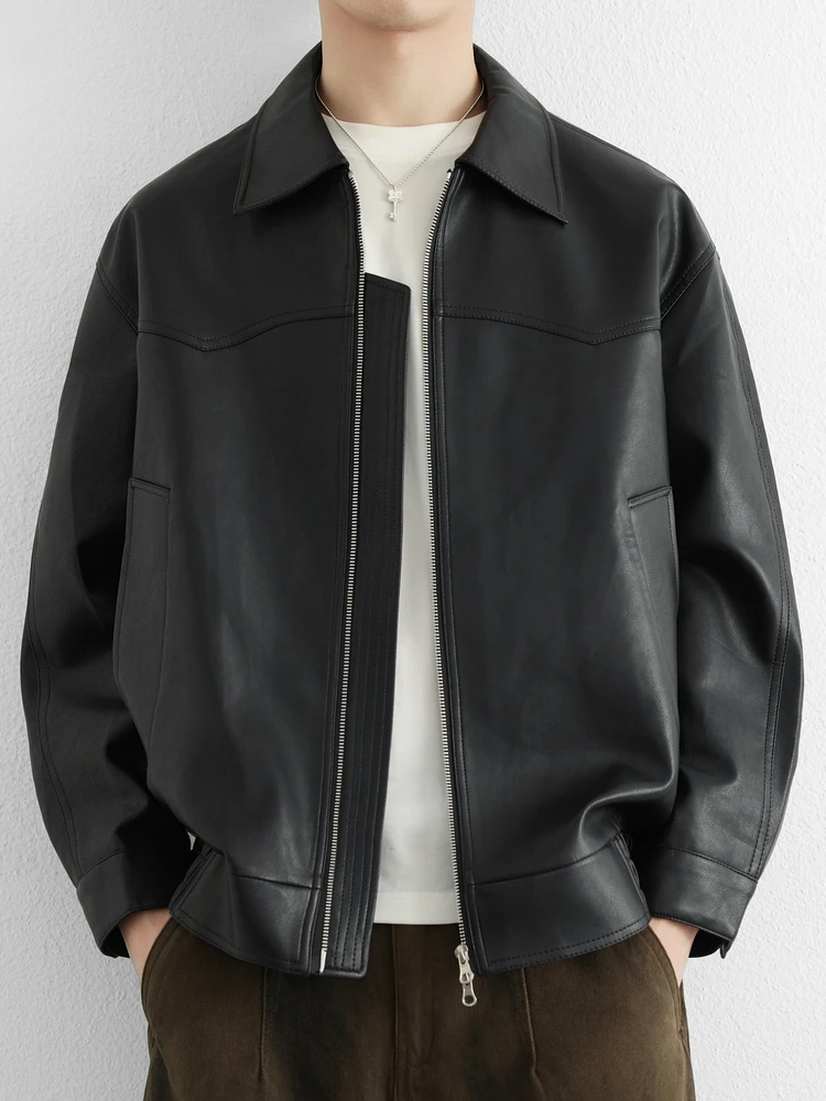 

Faionable Urban Sle PU Soft Leather Jaet Cool Collar Cut Design Motorcycle Jaet Outerwear for Young Men Casual Wear