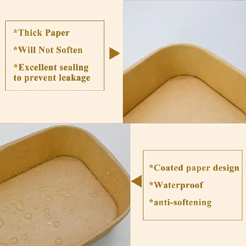 25pcs Disposable Brown Rectangle Kraft Paper Bowl With Lid Lunch Box Party Supplies Takeout Salad Bowl Food Packaging Container